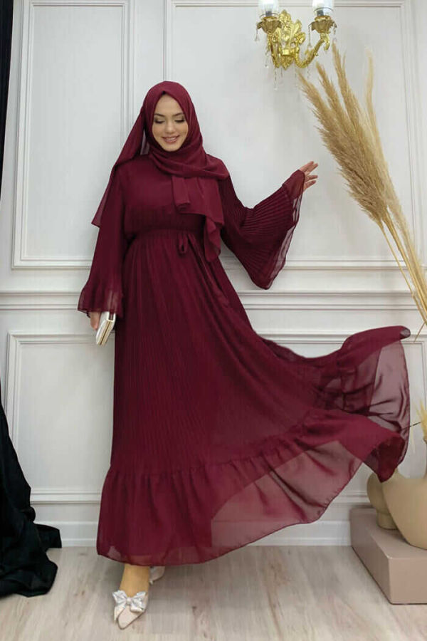 Pleated Ruffle Look Lined Chiffon Dress 3404 Claret Red - 2