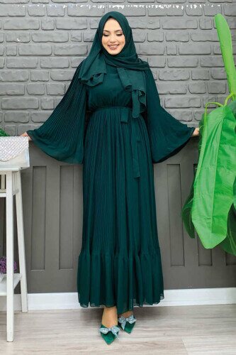 Pleated Ruffle Look Lined Chiffon Dress 3404 Emerald 