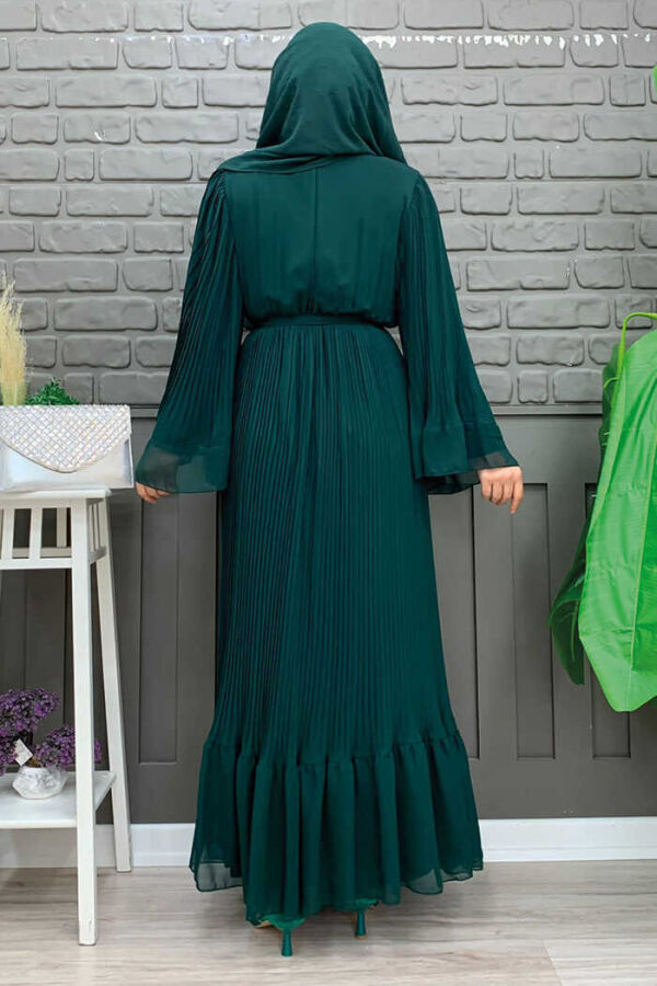 Pleated Ruffle Look Lined Chiffon Dress 3404 Emerald - 3