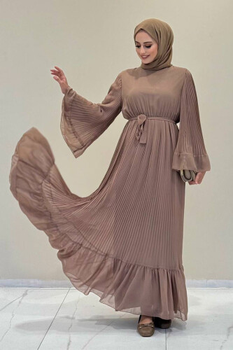 Pleated Ruffle Look Lined Chiffon Dress 3404 Mink 