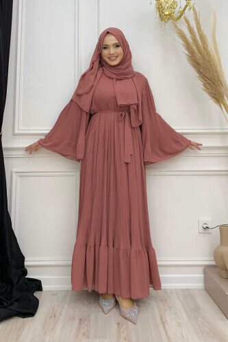 Pleated Ruffle Look Lined Chiffon Dress 3404 Dried Rose - 1