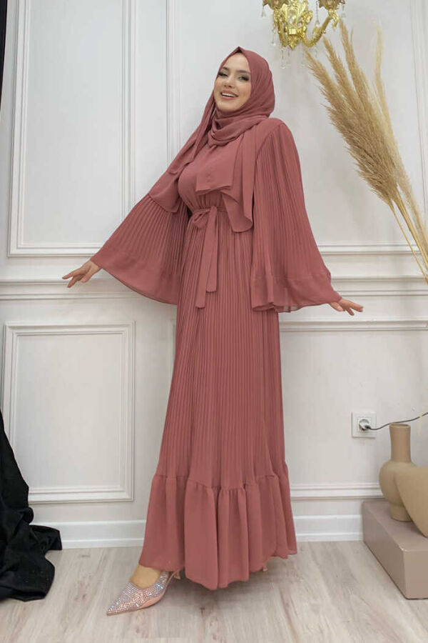 Pleated Ruffle Look Lined Chiffon Dress 3404 Dried Rose - 2