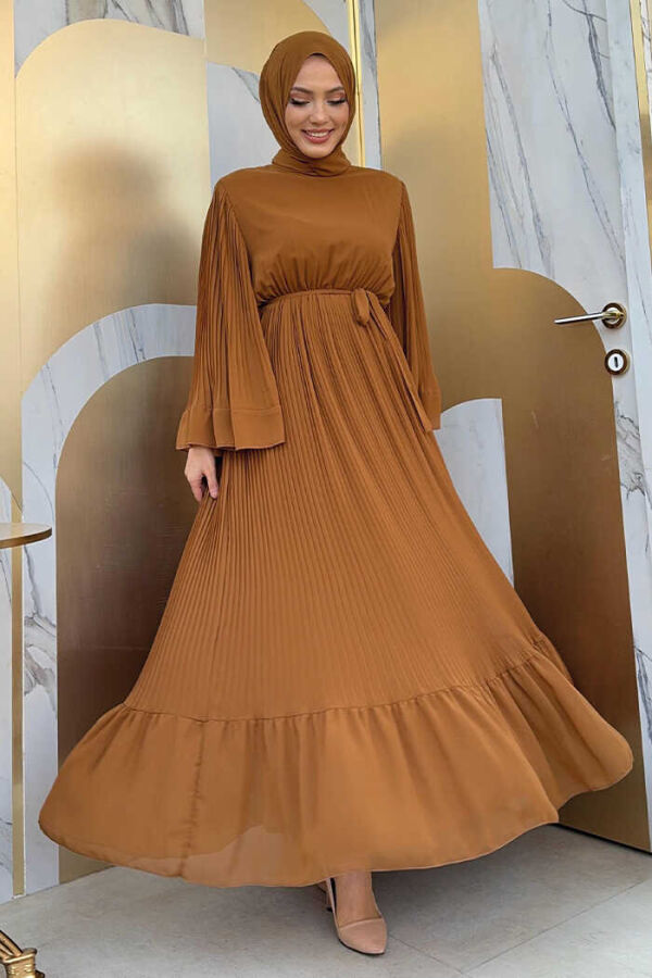 Pleated Ruffle Look Lined Chiffon Dress 3404 Tan - 1