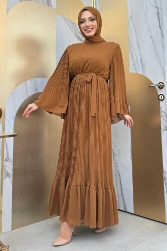 Pleated Ruffle Look Lined Chiffon Dress 3404 Tan - 3