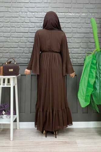 Piliseli Fırfır Görünümlü Astarlı Şifon Elbise 3404 Kahverengi - 3