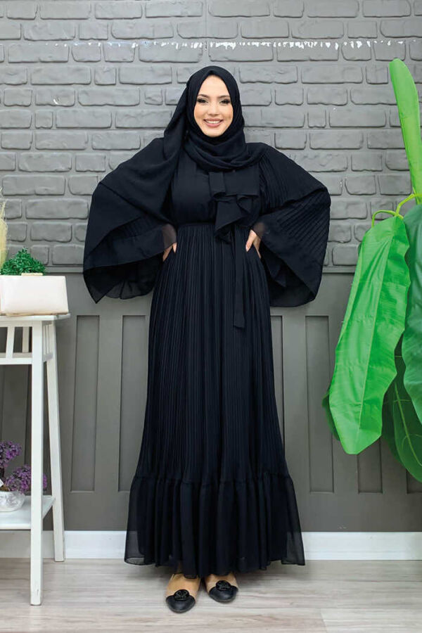 Piliseli Fırfır Görünümlü Astarlı Şifon Elbise 3404 Siyah - 2
