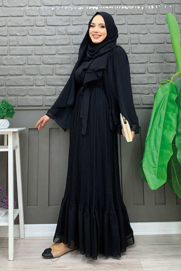 Piliseli Fırfır Görünümlü Astarlı Şifon Elbise 3404 Siyah - 3