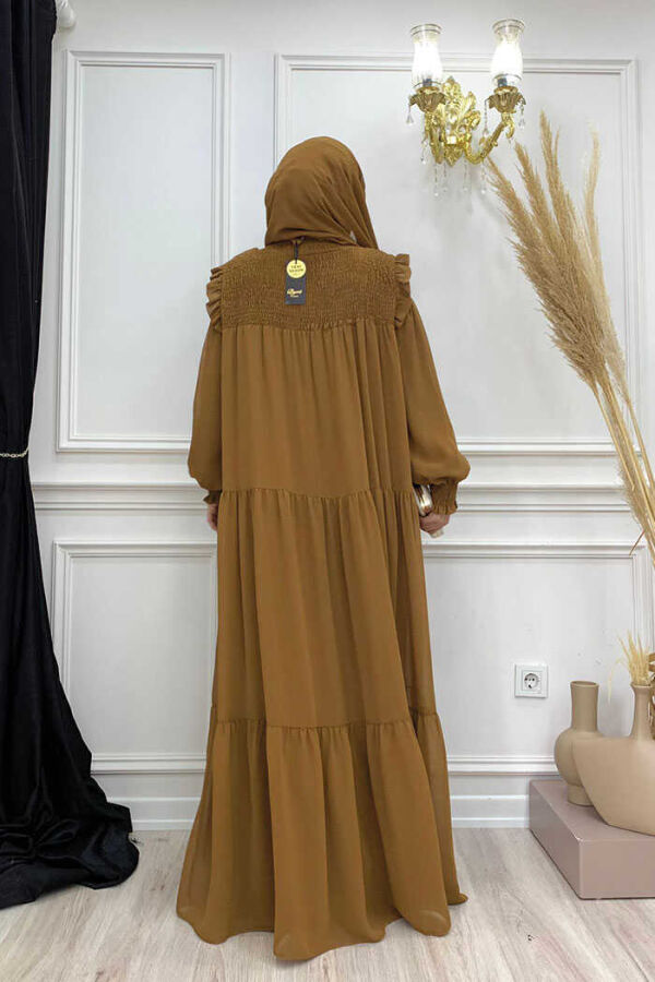 Omuz Kısmı Büzgü Görünümlü Salaş Astarlı Elbise 3511 Taba - 3