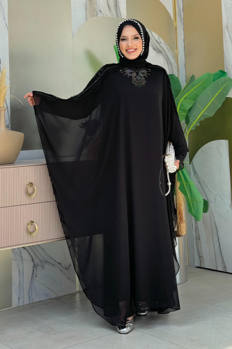 Omuz Kısımları Güpür Taş İşlemeli Pelerin Elbise Takım 3538 Siyah 