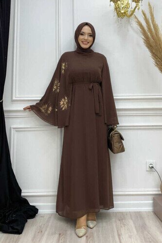 Yarasakol Single Sleeve Printed Chiffon Lined Evening Dress 3539 Brown - 1