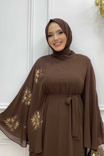 Yarasakol Single Sleeve Printed Chiffon Lined Evening Dress 3539 Brown - 4