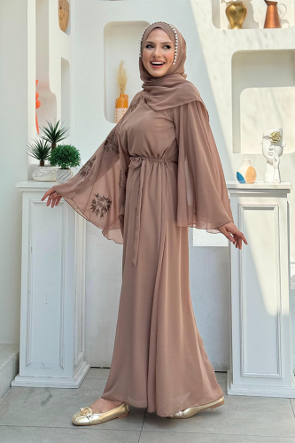 Yarasakol Einärmliges, bedrucktes, mit Chiffon gefüttertes Abendkleid 3539 Nerz - 2