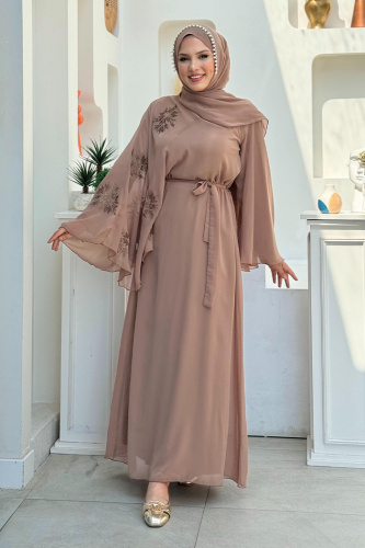 Yarasakol Einärmliges, bedrucktes, mit Chiffon gefüttertes Abendkleid 3539 Nerz - 3