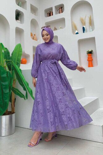 Bat Sleeve Sleeve Cuffs Elastic Lace Dress 3580 Lilac 