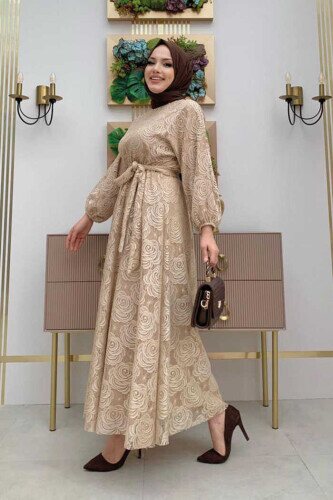 Bat Sleeve Sleeve Cuffs Elastic Lace Dress 3580 Mink - 2