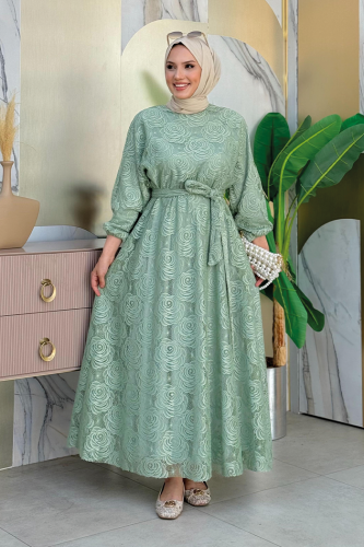 Bat Sleeve Sleeve Cuffs Elastic Lace Dress 3580 Mint 