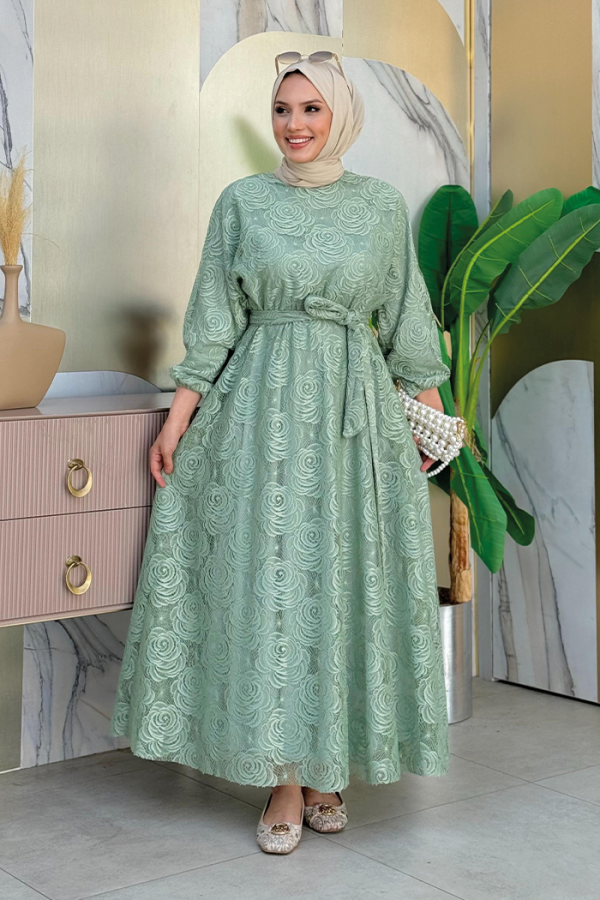 Bat Sleeve Sleeve Cuffs Elastic Lace Dress 3580 Mint - 1