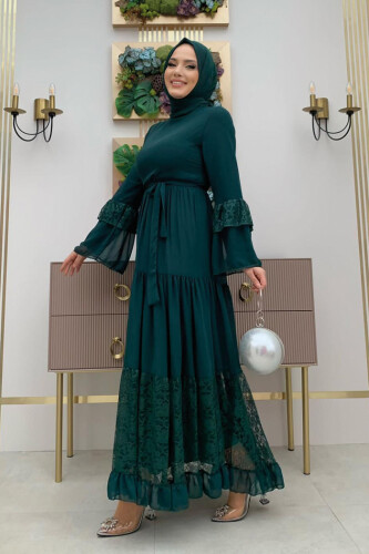 Lace Detailed Tiered Chiffon Belted Dress 3584 Emerald - 4