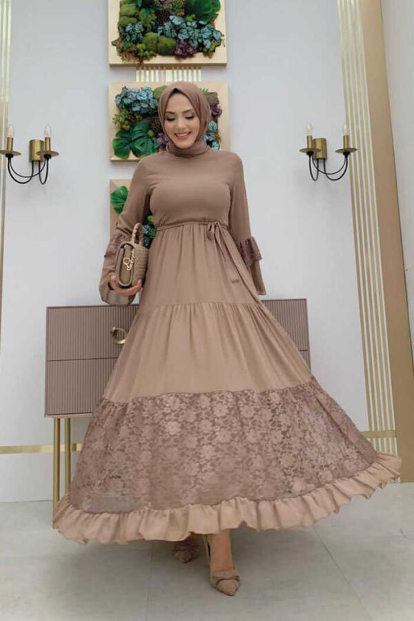 Lace Detailed Tiered Chiffon Belted Dress 3584 Mink - 1