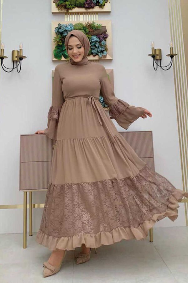 Lace Detailed Tiered Chiffon Belted Dress 3584 Mink - 2