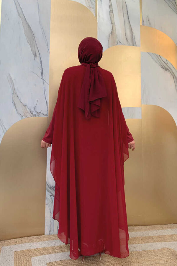 Steinbesticktes Chiffon-Cape-Kleid Abendkleid 3651 Weinrot - 3