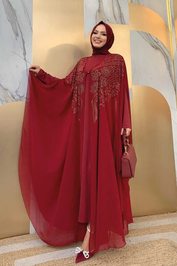 Stone Embroidered Chiffon Cape Dress Evening Dress 3651 Claret Red - 1