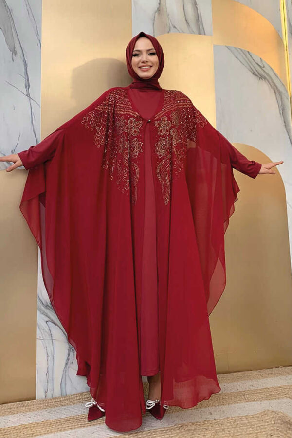 Stone Embroidered Chiffon Cape Dress Evening Dress 3651 Claret Red - 2