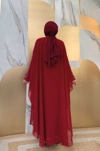 Stone Embroidered Chiffon Cape Dress Evening Dress 3651 Claret Red - 3