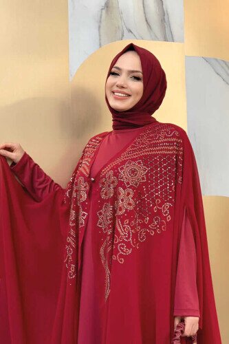 Stone Embroidered Chiffon Cape Dress Evening Dress 3651 Claret Red - 4