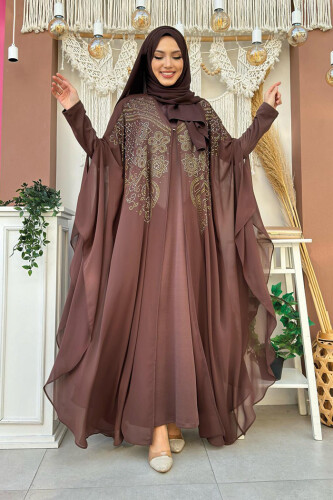 Stone Embroidered Chiffon Cape Dress Evening Dress 3651 Brown 