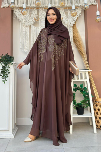 Stone Embroidered Chiffon Cape Dress Evening Dress 3651 Brown - 2