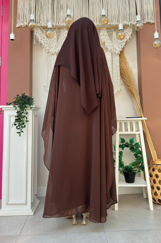 Stone Embroidered Chiffon Cape Dress Evening Dress 3651 Brown - 3