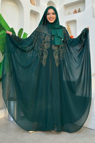 Stone Embroidered Chiffon Cape Dress Evening Dress Suit 3651 Emerald - 1