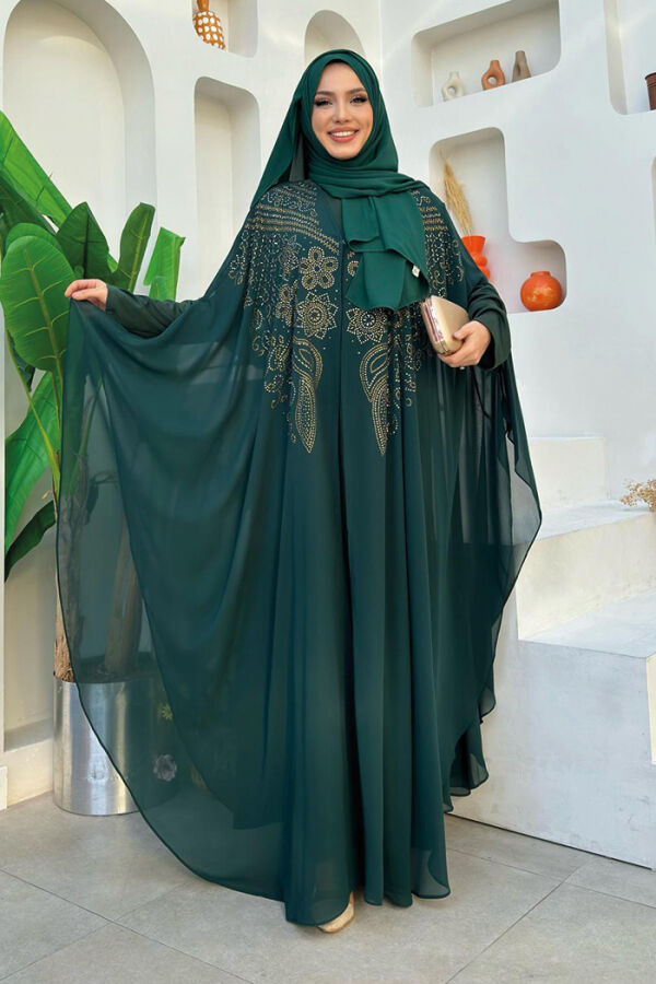 Stone Embroidered Chiffon Cape Dress Evening Dress Suit 3651 Emerald - 2