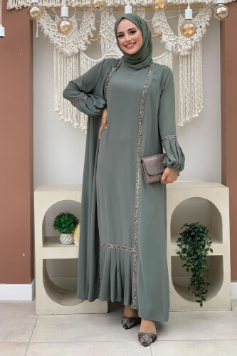 Taş Detaylı Abaya Sıfır Kol Elbise Takım 3657 Mint 