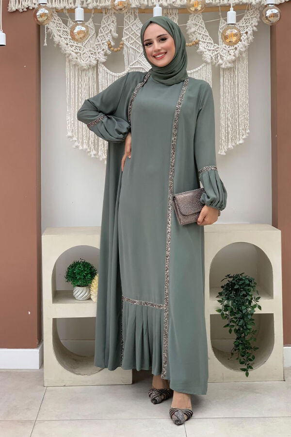 Taş Detaylı Abaya Sıfır Kol Elbise Takım 3657 Mint - 1