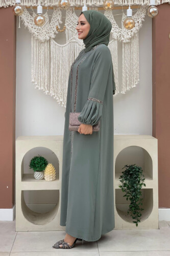 Taş Detaylı Abaya Sıfır Kol Elbise Takım 3657 Mint - 3