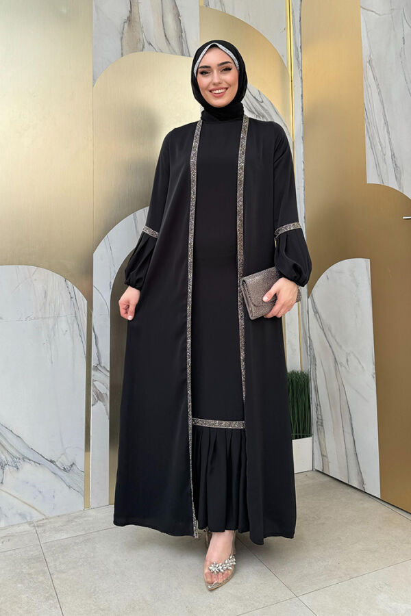 Taş Detaylı Abaya Sıfır Kol Elbise Takım 3657 Siyah - 1