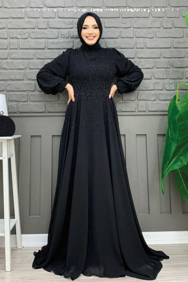 Balloon Look Pearl Lined Chiffon Evening Dress 3688 Black - 1