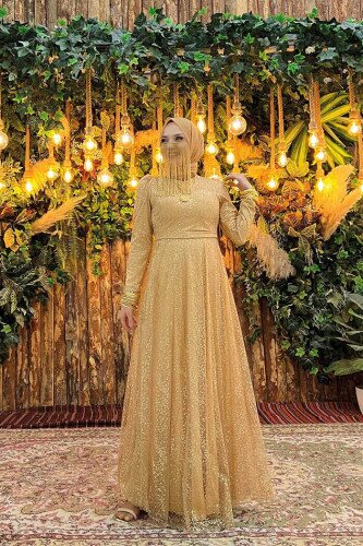 Zweifarbiges, glitzerndes, gefüttertes Tüll-Abendkleid mit Reißverschluss hinten, 3769 Gold - 1