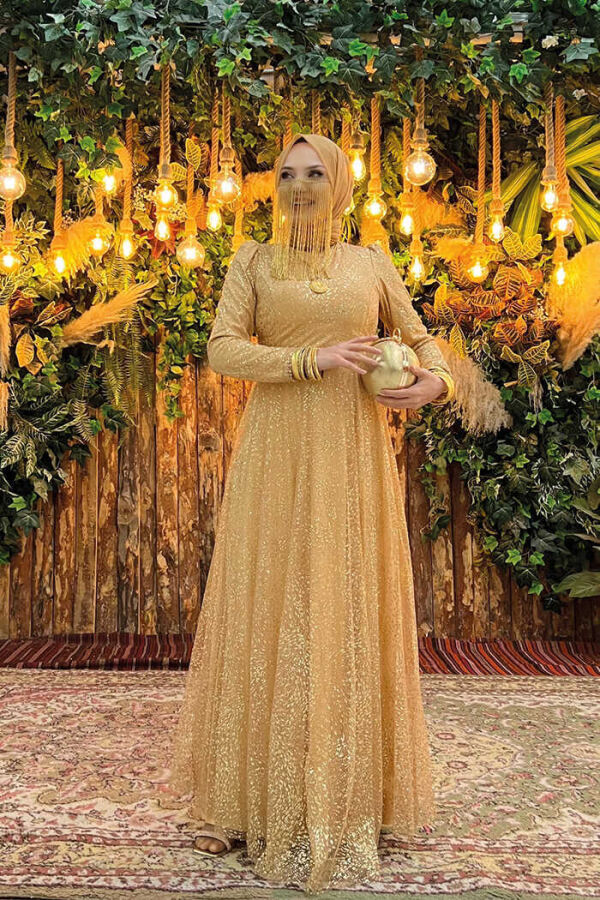 Zweifarbiges, glitzerndes, gefüttertes Tüll-Abendkleid mit Reißverschluss hinten, 3769 Gold - 2