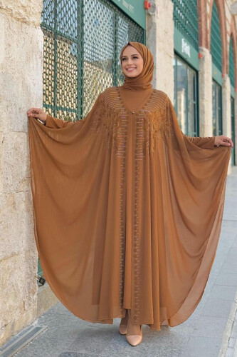 Stone Embroidered Chiffon Cape Dress Evening Dress Suit 3772 Tan - 1