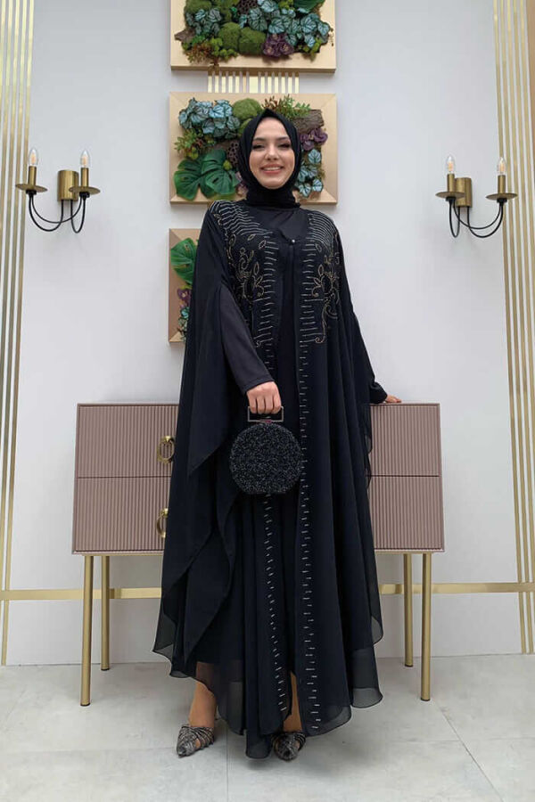 Steinbesticktes Chiffon-Cape-Kleid, Abendkleid, Anzug 3772 Schwarz - 2