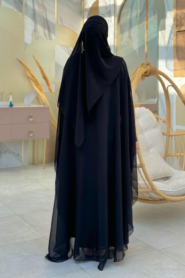 Steinbesticktes Chiffon-Cape-Kleid, Abendkleid, Anzug 3772 Schwarz - 2