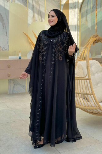 Steinbesticktes Chiffon-Cape-Kleid, Abendkleid, Anzug 3772 Schwarz - 3