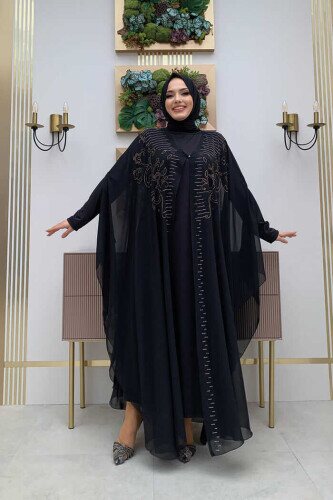 Stone Embroidered Chiffon Cape Dress Evening Dress Suit 3772 Black 