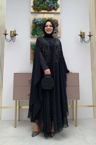 Stone Embroidered Chiffon Cape Dress Evening Dress Suit 3772 Black - 2