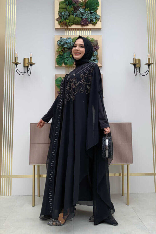 Stone Embroidered Chiffon Cape Dress Evening Dress Suit 3772 Black - 3