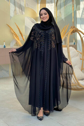 Stone Embroidered Chiffon Cape Dress Evening Dress Suit 3772 Black - 1