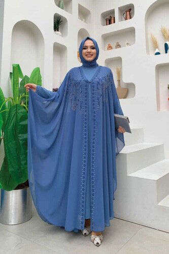 Steinbesticktes Chiffon-Cape-Kleid, Abendkleid, Anzug 3772 Indigo 